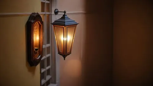 there is a light that is on on a wall,wall light,lamplight,sconces,porchlight,ensconce,gas lamp,sconce,street lamps,streetlamps,gaslight,street lantern,vintage lantern,wall lamp,hanging light,gaslight