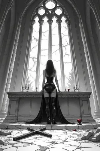 Black and white manga-style illustration of a seductive vampiress standing at the altar of a ruined gothic cathedral, wearing black thigh-high leather boots, corset dress, and a blood chalice in hand.
