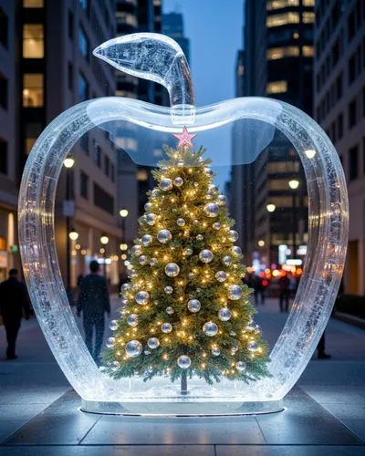 the big apple city inside glass apple sculpture reflection beautiful art stunning, xmas tree rockefeller center ice ring, 
Professional photography, bokeh, natural lighting, canon lens, shot on dslr 4