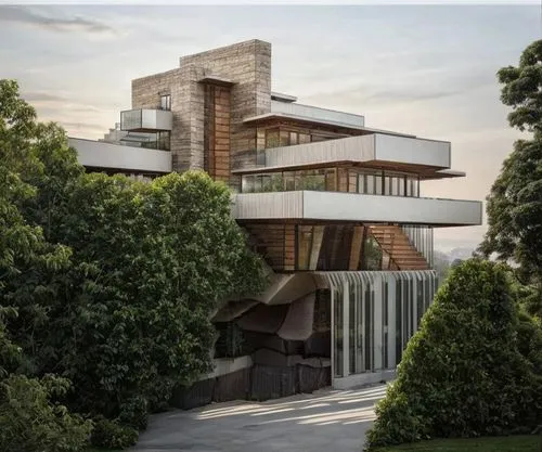 Minimalist three-story single-family home with large windows, a combination of materials on the façade with gardens with a waterfall.,Vvienda Minimalista,Arquitectura moderna