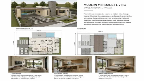 A professional architectural presentation board with a Pure background and a clean, minimalist design layout. The board includes:

Top Section: On the top left, a photorealistic render of a contempora