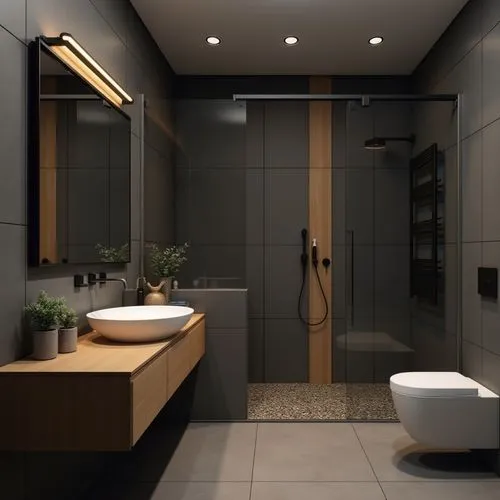 A modern and stylish bathroom with a dark and warm aesthetic, featuring smooth matte charcoal tiles on the walls and floor, creating a sleek and sophisticated ambiance, the centerpiece is a wooden flo