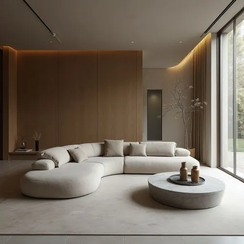  ,a large living room with a circular couch and a glass wall,minotti,natuzzi,modern minimalist lounge,modern living room,anastassiades,interior modern design,corian,contemporary decor,associati,cassin