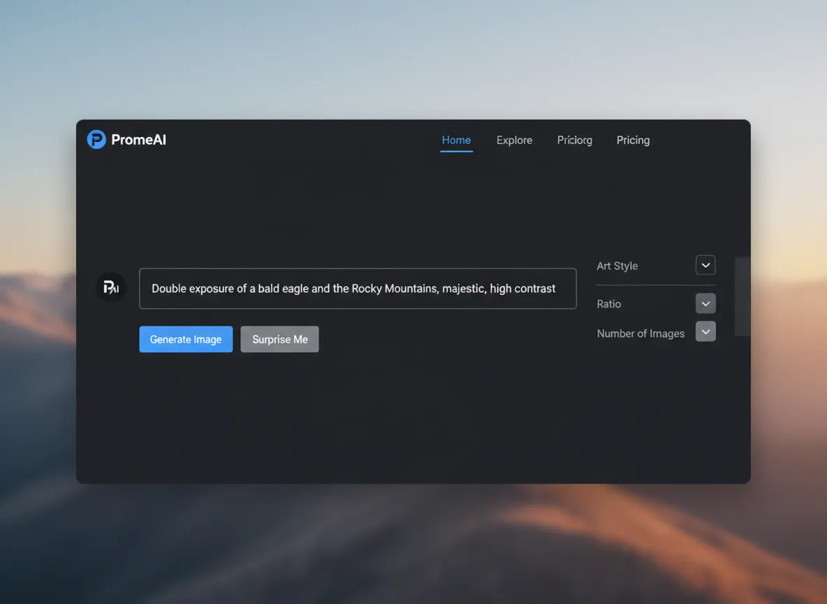 Un mockup dell'interfaccia utente di PromeAI che mostra un campo di inserimento del prompt di testo con il testo 'Doppia esposizione di un'aquila calva e delle Montagne Rocciose, maestoso, alto contrasto'.