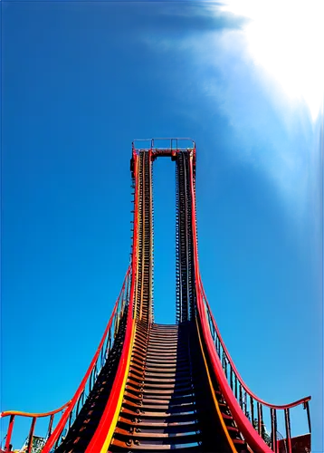 Roller coaster, amusement park, sunny day, blue sky, steel tracks, steep drop, sharp turns, thrill ride, speeding cars, screaming passengers, colorful seats, safety bars, shiny metallic surface, after
