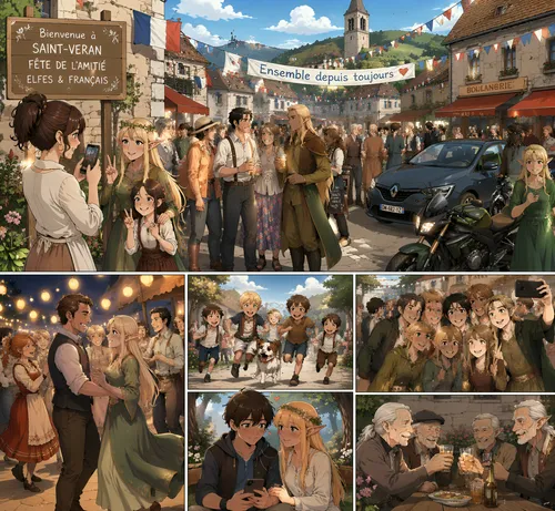 Style manga :

Fête dans un village français à notre époque où français de souche et elfes se rencontrent le temps des festivités.
Tous les ages sont représentés. Bien que les personnes portent des vê