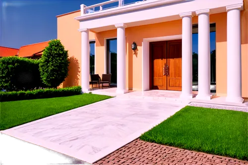 Modern luxurious villa, exterior facade, sunny day, blue sky, green grass, potted plants, large windows, white columns, wooden door, marble floor, elegant entrance, wide-angle lens, bright natural lig
