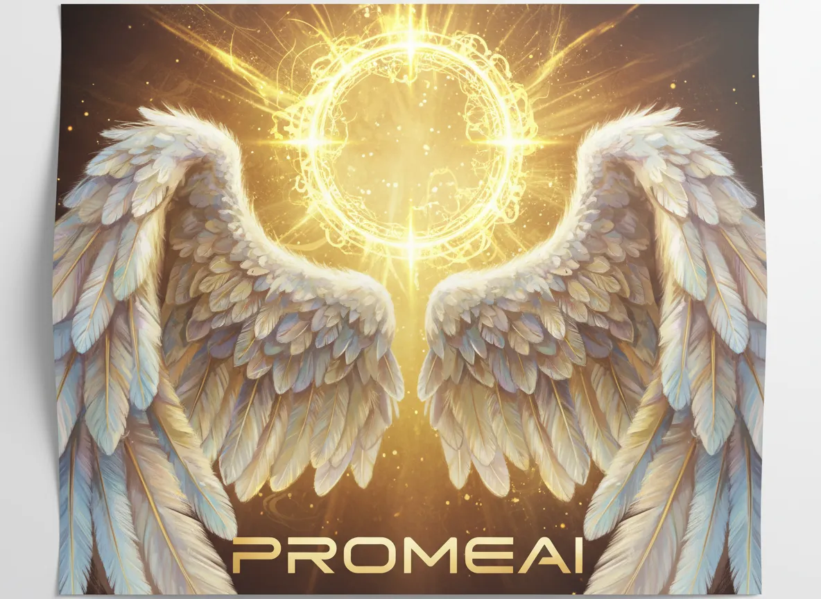 PromeAI द्वारा बनाए गए एक पोस्टर का क्लोजअप जिसमें एक देवदूत के पंखों के जटिल विवरण और एक चमकते हुए सुनहरे प्रभामंडल प्रभाव को उजागर किया गया है।
