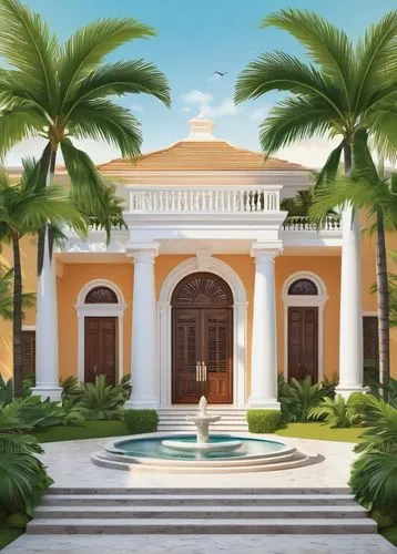 Modern colonial architecture, luxurious villa, grand entrance, white pillars, large windows, wooden shutters, lush greenery, palm trees, tropical plants, bright sunlight, warm atmosphere, stone paved 
