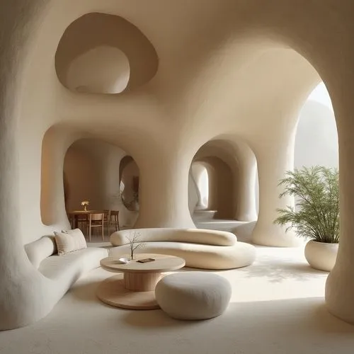 Very unique and different design interio, double height space, minimalizm, different shape openings, sculptural furnitures, neutral earth colors.,a room filled with arched walls and seating,superadobe