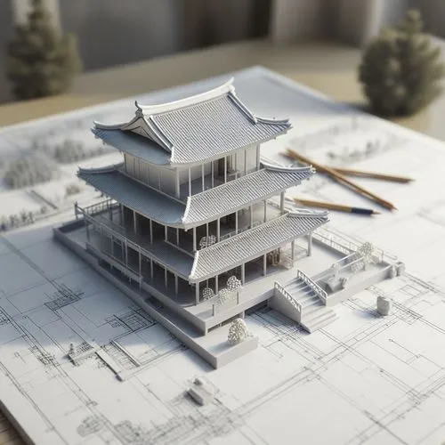 Traditional Japanese Building on Sketch