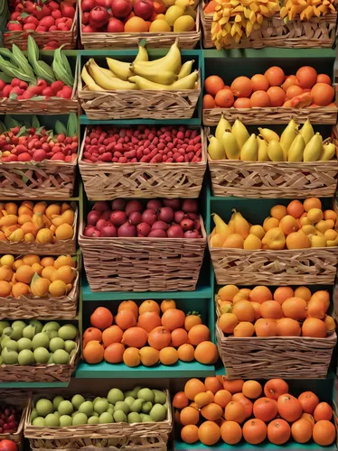 Paint a vivid scene of a bustling farmer's market filled with colorful baskets of harvested fruit.,colorful vegetables,crate of fruit,fruit market,fruits and vegetables,market vegetables,market fresh 