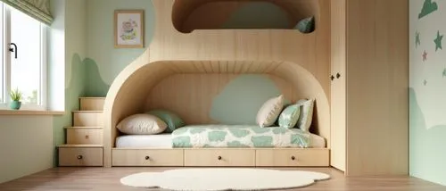


A cozy and whimsical children’s bedroom featuring a built-in bunk bed structure crafted from natural light wood with smooth finishes, the lower bed has a soft green and cream color palette with bed