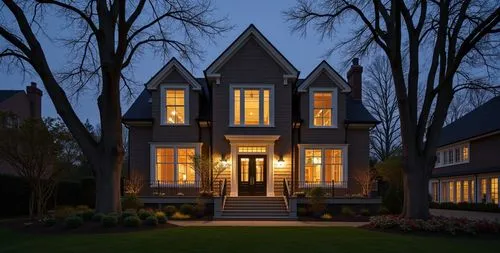 this is a lit house at twilight with beautiful trees around,victorian house,victorian,kleinburg,old victorian,two story house,townhomes,new england style house,townhome,cabbagetown,beautiful home,rowh