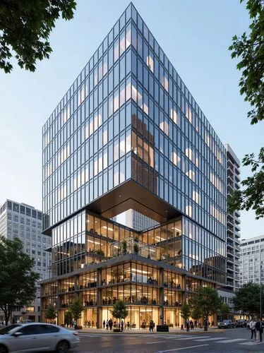 Create an illustration showing different angles of the same building, arranged in a pattern resembling a beehive. The content of the image includes the main view of the building, a panoramic view, and