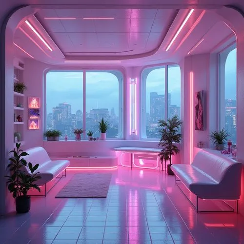 Vibrant digital art studio, futuristic interior design, neon-lit atmosphere, pastel-colored furniture, iridescent accents, holographic displays, metallic surfaces, sleek lines, modern architecture, ur