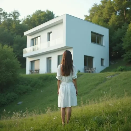 A photo-realistic shoot from a low angle about a minimalist white house on a hillside surrounded by greenery. the image also shows a woman standing in the middle of the image, facing away from the vie