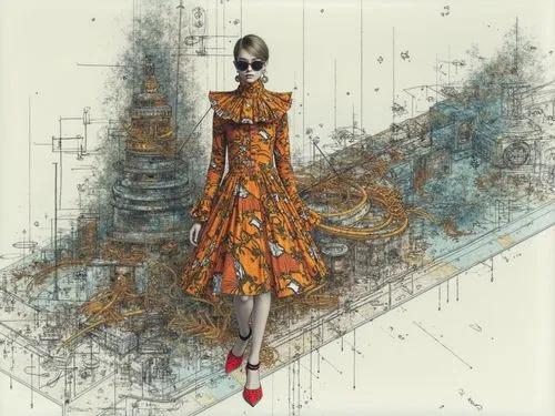 an artistic drawing of a woman with her hair in a bunt style with glasses and heels,refashioned,sewing pattern girls,fashion sketch,sci fiction illustration,a girl in a dress,sewing notions,book illus