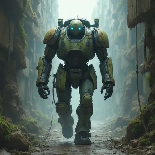Kai, un explorateur cyberpunk au corps massif et mécanique, marche prudemment dans un environnement dystopique dévasté. Ses proportions sont inspirées du jeu Scorn : un torse large, des membres robust