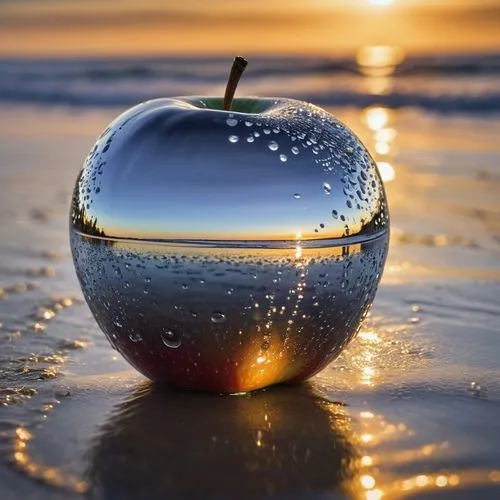 closeup professional photograph reflection of a beach water scene at sunset, seen in a perfect polished chrome apple, sitting on water and glistening with dew drops,golden apple,water apple,crystal ba
