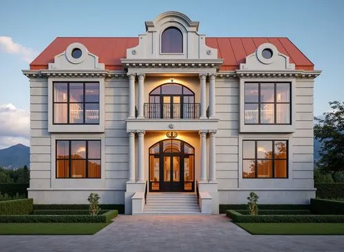Photorealistic architectural visualization of a luxury 2-story square-shaped residental building. First floor height 5m with tall arched windows, second floor height 5m. Classical architectural style 
