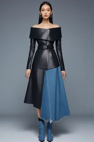 a fashion model wearing denim  Wrapped Stretch   off shoulder top and  skirt ,a woman standing in jeans and a black dress with sleeves,allude,fashion vector,kawakubo,siriano,rykiel,dress walk black,ho