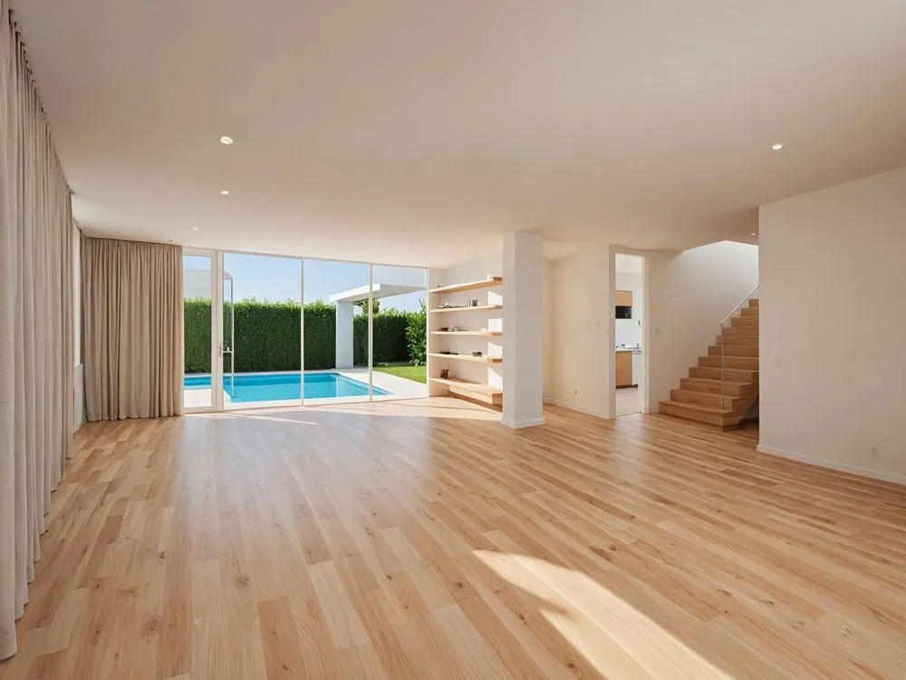 a large empty room with sliding doors and wooden floors
