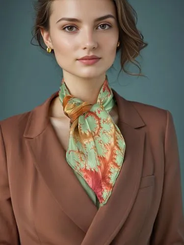 Closeup shot of a beautiful 27 year-old woman. Her head is cropped at the hairline. Her torso is cropped at the waist. She is wearing a dark salmon colored blazer, a pretty scarf and gold earrings ,a 