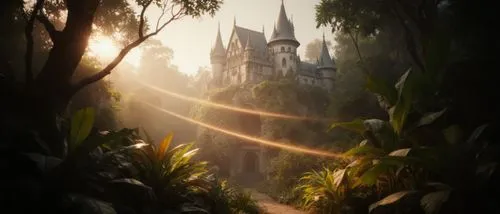 Cinematic picture of a near-fantastical castle integrated with nature, glowing soft warm light, surreal lush gardens with oversized plants and glowing flora, ethereal atmosphere.,a house is shown in t
