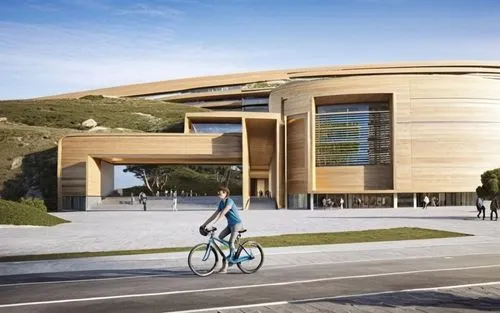 a man riding a bike in front of a building,velodrome,velopark,velodromes,audencia,epfl,saclay,embl,omnisport,renderings,uci,certegy,tourmalet,universiades,technion,erignac,blavatnik,cyclisme,europan,c