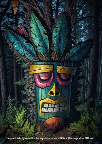 an artistic depiction of a tiki with eyes in the woods,war bonnet,totem,wooden mask,indigenous painting,tribal masks,totems,shamanic,forest man,totemic,shamanism,warbonnet,totem animal,psychotropics,w