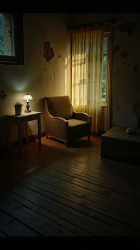 A photo-realistic shoot from the side about a dimly lit room with peeling walls and a wooden floor, featuring a table with a lamp on the left side and a chair on the right side. the room has a rustic,