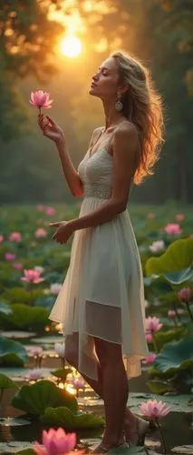 In the center of a lush garden, there is a serene lily pad, filled with colorful flowers. The sun is just beginning to rise, casting a warm orange glow on the leaves of the trees and the surrounding f