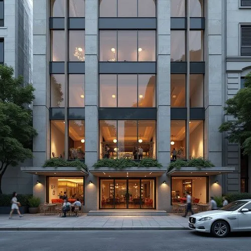 Elegant building facade, ornate details, neutral color palette, textured stone cladding, large glass windows, minimalist metal frames, subtle LED lighting, soft warm illumination, 1/1 composition, sha