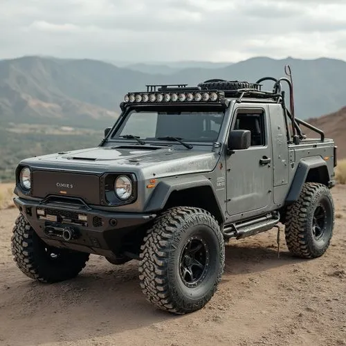 A rugged, off-road electric pickup designed for exploration and adventure. The truck’s exterior is inspired by industrial design, with exposed rivets, matte gray steel panels, and heavy-duty tires. Th