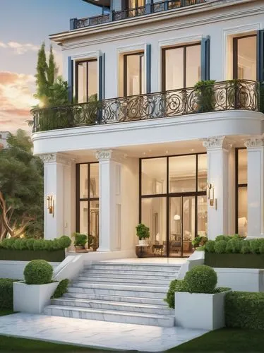 French modern architecture, luxurious villa, sleek lines, minimalist design, large windows, sliding glass doors, white marble floors, high ceilings, grand staircase, ornate chandeliers, elegant interi