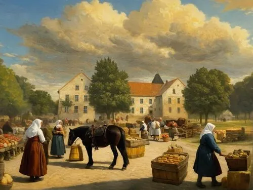 many figures of medieval people, a market-fair in Germany, a painting and layout style with the perspective of Pieter Bruegel, nuns on the counters selling cheese, bread, wine in barrels, apples, hone