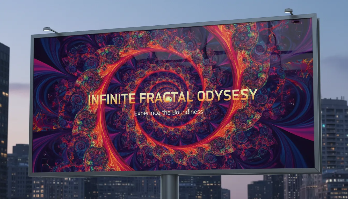 Un poster di grande impatto visivo con arte frattale ad alta risoluzione generata dall'AI, caratterizzata da colori vorticosi e vivaci e da un motivo a zoom infinito.