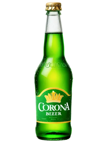 Clear glass bottle, Corona beer logo, green label, golden beer liquid, thin rim, narrow neck, rounded body, transparent glass, reflective surface, shallow depth of field, warm lighting, 3/4 compositio