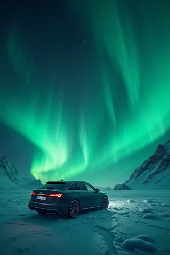 The scene takes place on an icy planet with dramatic black and green auroras and space dust flying around it. The Earth's atmosphere can be seen as the stars above, and a set of photos showing an Audi