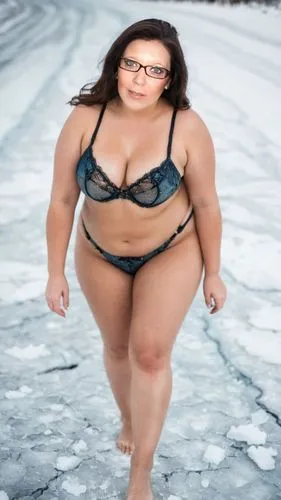 A chuby BBW woman in lingerie walks barefoot across icy cracked earth, snow falling hard around her. She looks back with ice-blue eyes, steam rising from her body. Cold monochrome with only her lips ,