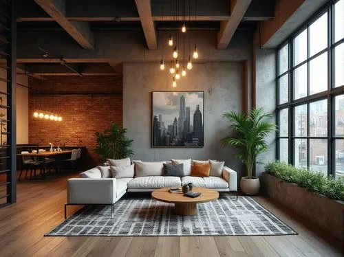 Urban loft, trendy design, modern interior, industrial chic, exposed brick walls, high ceilings, metal beams, reclaimed wood floors, sleek minimalist furniture, low-profile sofas, geometric patterned 