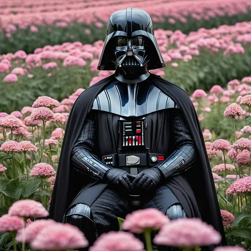 Darth Vader sitting in a flower field, pastel colors, aesthetic, coquette,field of flowers,darth vader,sea of flowers,vader,darth wader,flower field,flowers field,imperial,tulip field,blanket of flowe