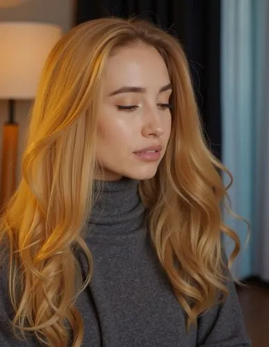 A conceptua lart portrait of a beautiful caucasian young woman with long blonde hair sitting on a chair in a living room. She is wearing a gray wool jacket and has her eyes closed. The background feat