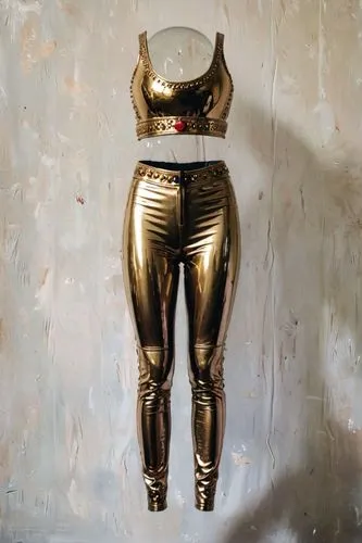 casaco  metálico,a female in a shiny gold outfit and helmet,metal figure,gold mask,artist's mannequin,cosmonaut,codpiece,bronze sculpture