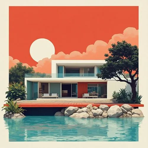 galeria virtual de los mejores proyectos arquitectonicos del mundo,a water front home sits in a tropical landscape,beach house,house by the water,tropical house,mid century house,bungalow,pool house,c