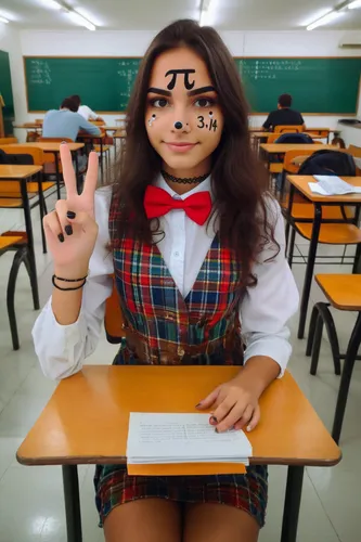 A 19 or 20 year old Brazilian girl dressed as PI, the number 3.14, in a classroom in Brazil, short,kawaii girl,nerd,monchhichi,anime 3d,fisheye lens,schoolgirl,teacher,japanese kawaii,language school,