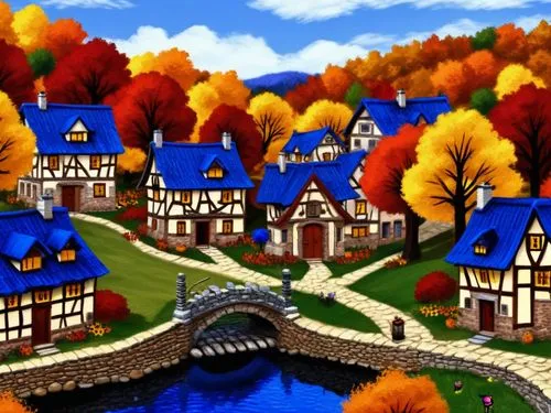 Autumn Village Digital Art,painting of a nice fall scene with lots of trees,escher village,aurora village,houses clipart,knight village,kleinburg,alpine village
