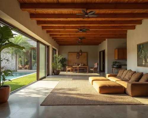 there is a couch in the room with a big window,home interior,mid century house,patio,living room,patios,clerestory,contemporary decor,sitting room,verandas,beautiful home,interior decor,hacienda,inter
