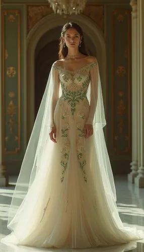 An exquisite, ethereal gown that blends contemporary design with elements of classic elegance. The dress should feature a flowing silhouette with a fitted bodice adorned in intricate, ornate embroider